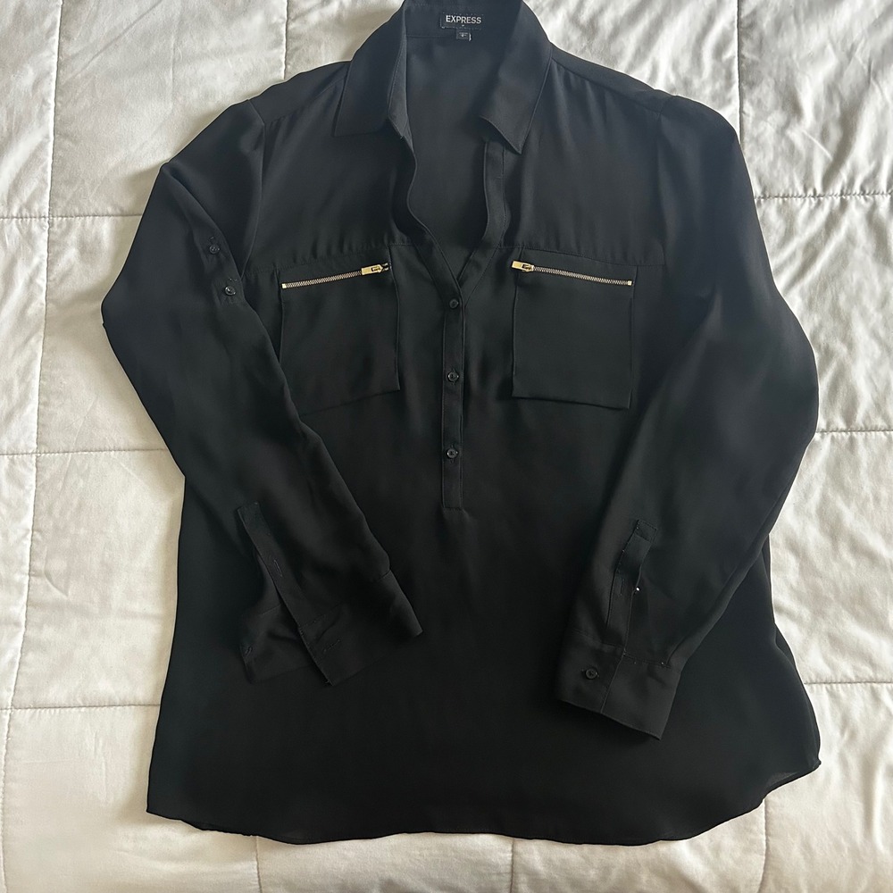 Express Sz L Black Gold zip pocket Blouse Career Long Roll Tab Sleeve Tunic Chic